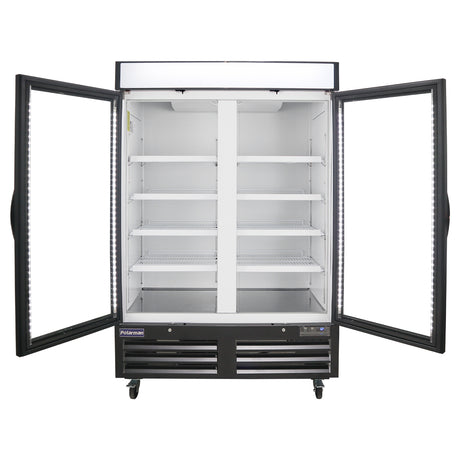 Polarman PLM-HGD48R 53 15/16" Black Refrigerated Double Swing Glass Door Merchandiser with LED Lighting, 48 cu.ft
