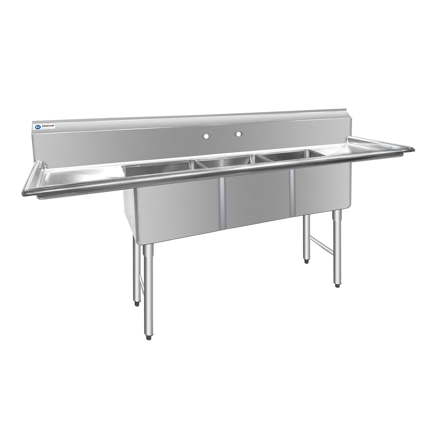 ChefAsst 91" CA-S3C181812-18LR-316 16-Gauge Stainless Steel Three Compartment Commercial Sink with Stainless Steel Legs, Cross Bracing, and Two 18" Drainboards - 18" x 18" x 12" Bowl