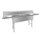 ChefAsst 91" CA-S3C181812-18LR-316 16-Gauge Stainless Steel Three Compartment Commercial Sink with Stainless Steel Legs, Cross Bracing, and Two 18" Drainboards - 18" x 18" x 12" Bowl