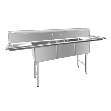ChefAsst 91" CA-S3C181812-18LR-316 16-Gauge Stainless Steel Three Compartment Commercial Sink with Stainless Steel Legs, Cross Bracing, and Two 18" Drainboards - 18" x 18" x 12" Bowl