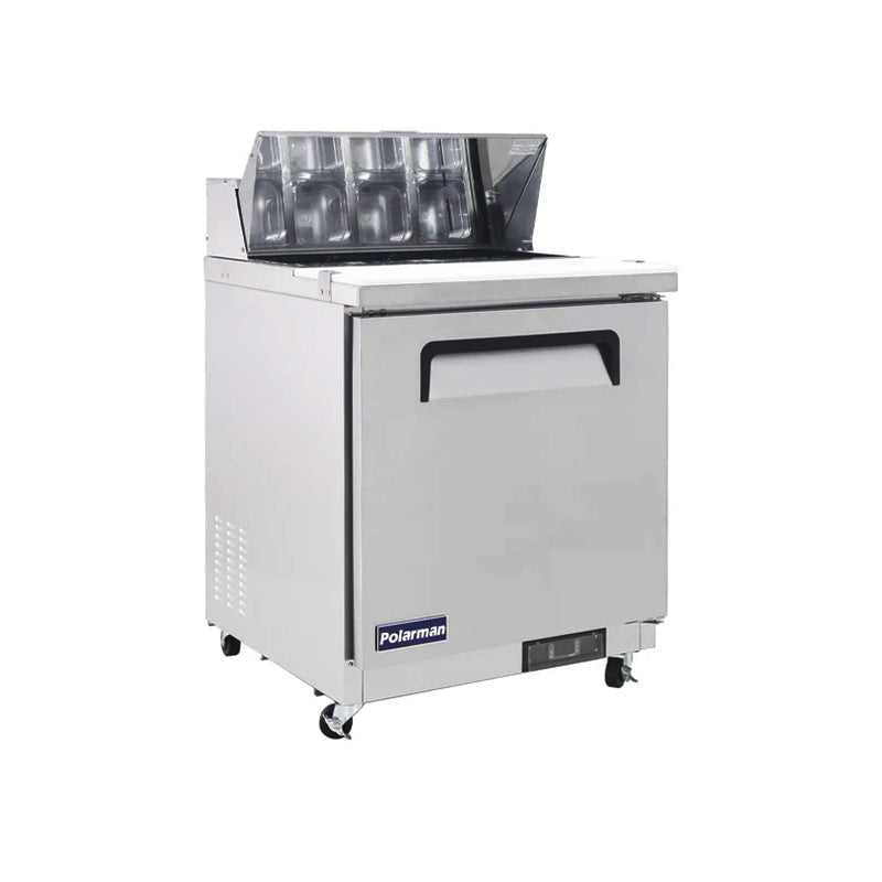Polarman PLM-S29S 28 15/16" Stainless Steel Sandwich Prep Table with One Solid Full Door, (8) 1/6 Size Pans