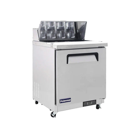 Polarman PLM-S29S 28 15/16" Stainless Steel Sandwich Prep Table with One Solid Full Door, (8) 1/6 Size Pans