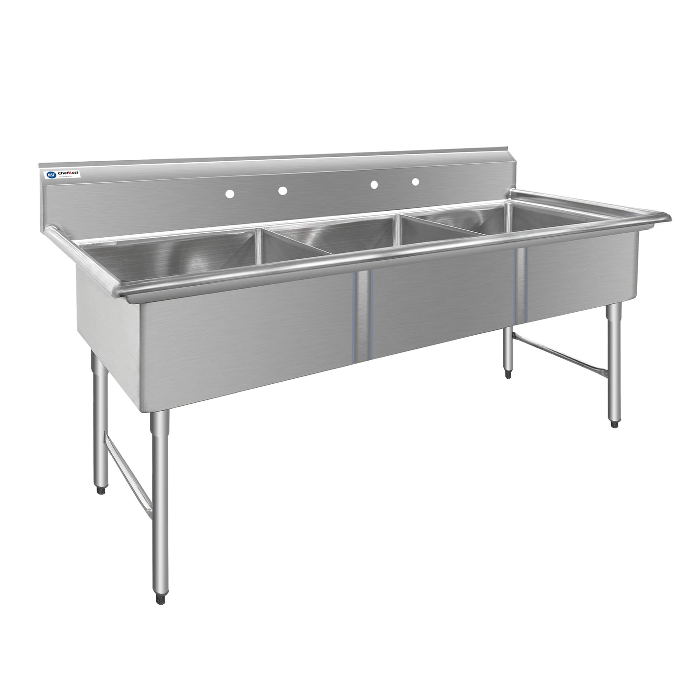 ChefAsst 78" CA-S3C242412-316 16-Gauge Stainless Steel Three Compartment Commercial Sink with Stainless Steel Legs, and without Drainboards - 24" x 24" x 12" Bowls