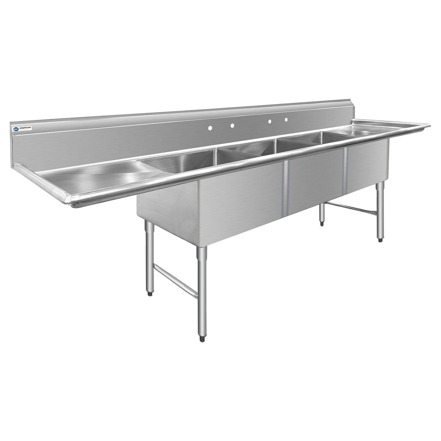 ChefAsst 121" CA-S3C242414-24LR-316 16-Gauge Stainless Steel Three Compartment Commercial Sink with Stainless Steel Legs, and Two 24" Drainboards - 24" x 24" x 14" Bowl