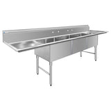 ChefAsst 121" CA-S3C242414-24LR-316 16-Gauge Stainless Steel Three Compartment Commercial Sink with Stainless Steel Legs, and Two 24" Drainboards - 24" x 24" x 14" Bowl