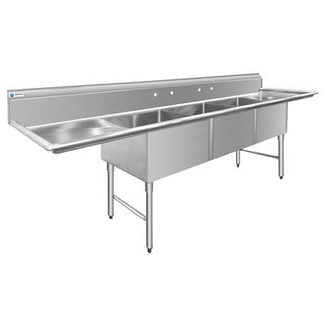 ChefAsst 121" CA-S3C242414-24LR-316 16-Gauge Stainless Steel Three Compartment Commercial Sink with Stainless Steel Legs, and Two 24" Drainboards - 24" x 24" x 14" Bowl