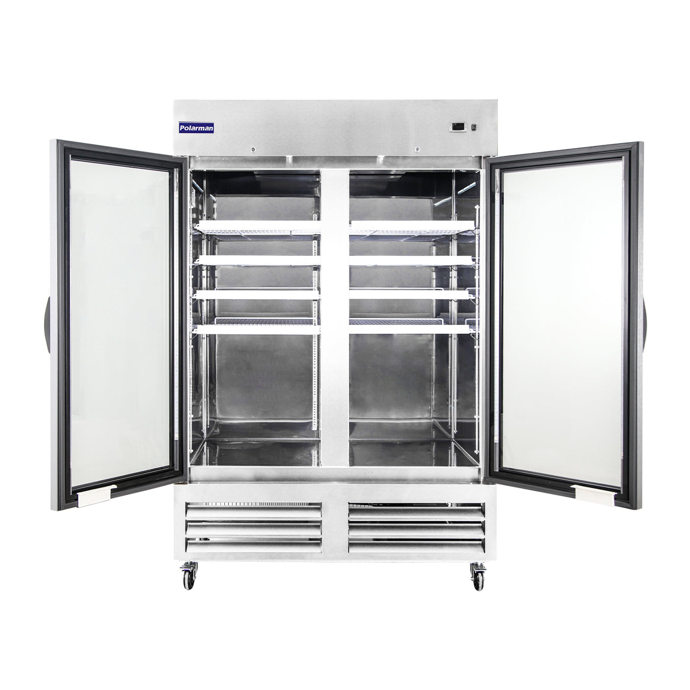 Polarman PLM-54RGS 53 15/16" Reach-In Refrigerator with Double Glass Doors with LED Lighting, Bottom Mount, Stainless Steel, 49 cu. ft.