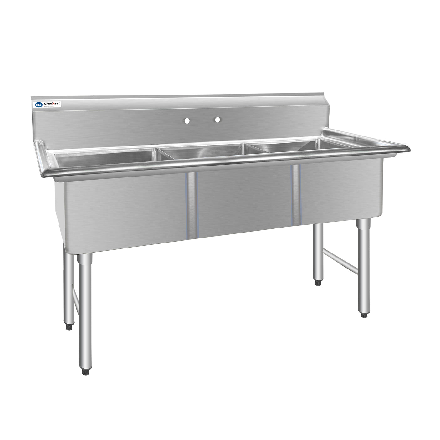 ChefAsst 61" CA-S3C181812-316 16-Gauge Stainless Steel Three Compartment Commercial Sink with Stainless Steel Legs, Cross Bracing, and without Drainboards - 18" x 18" x 12" Bowls