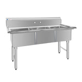 ChefAsst 61" CA-S3C181812-316 16-Gauge Stainless Steel Three Compartment Commercial Sink with Stainless Steel Legs, Cross Bracing, and without Drainboards - 18" x 18" x 12" Bowls