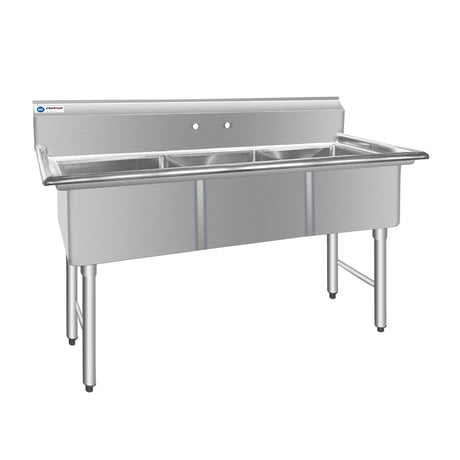 ChefAsst 61" CA-S3C181812-316 16-Gauge Stainless Steel Three Compartment Commercial Sink with Stainless Steel Legs, Cross Bracing, and without Drainboards - 18" x 18" x 12" Bowls