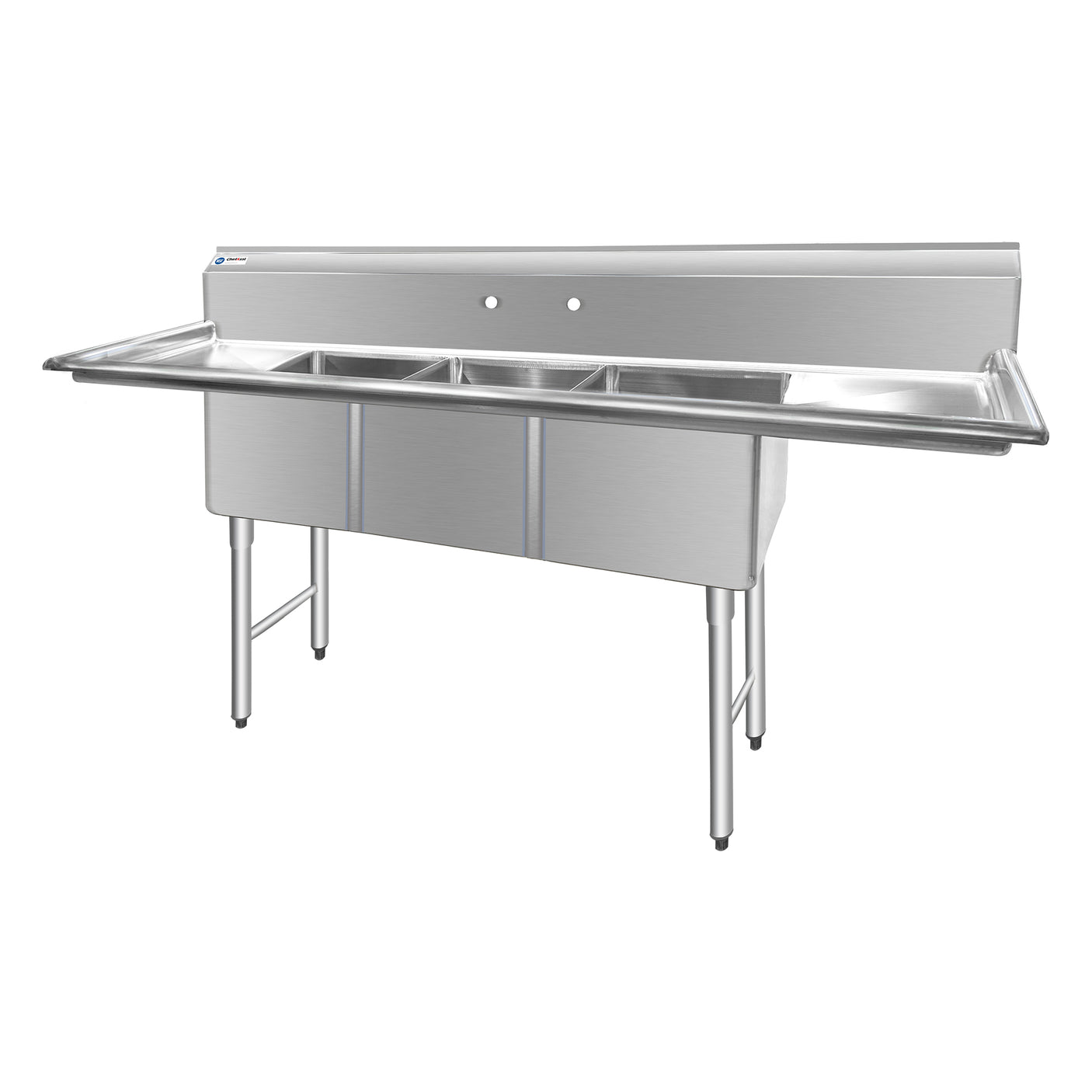 ChefAsst 103" CA-S3C182414-24LR-316 16-Gauge Stainless Steel Three Compartment Commercial Sink with Stainless Steel Legs, Cross Bracing, and Two 24" Drainboards - 18" x 24" x 14" Bowl