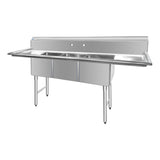 ChefAsst 91" CA-S3C181812-18LR-316 16-Gauge Stainless Steel Three Compartment Commercial Sink with Stainless Steel Legs, Cross Bracing, and Two 18" Drainboards - 18" x 18" x 12" Bowl