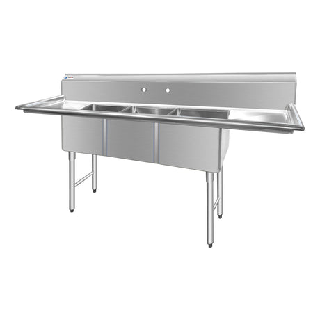 ChefAsst 91" CA-S3C181812-18LR-316 16-Gauge Stainless Steel Three Compartment Commercial Sink with Stainless Steel Legs, Cross Bracing, and Two 18" Drainboards - 18" x 18" x 12" Bowl
