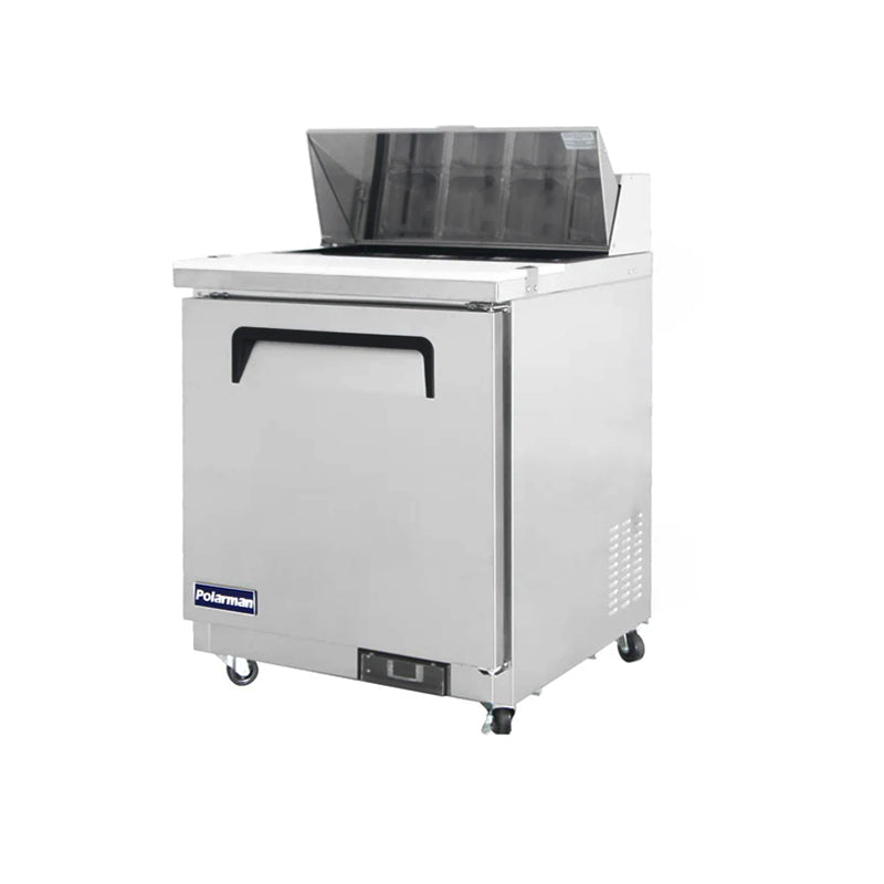 Polarman PLM-S29S 28 15/16" Stainless Steel Sandwich Prep Table with One Solid Full Door, (8) 1/6 Size Pans