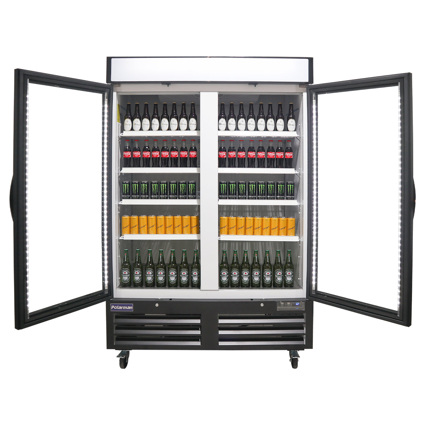 Polarman PLM-HGD48F 53 15/16" Black Double Swing Glass Door Merchandiser Freezer with LED Lighting, 48 cu.ft