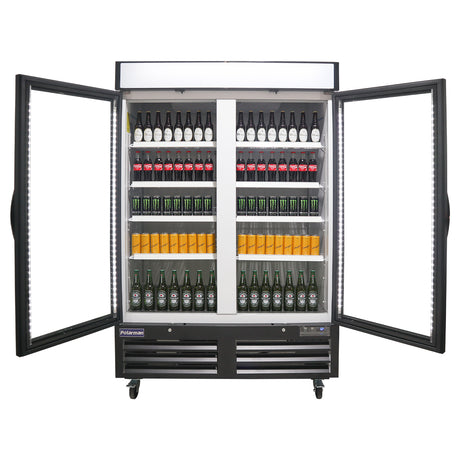 Polarman PLM-HGD48F 53 15/16" Black Double Swing Glass Door Merchandiser Freezer with LED Lighting, 48 cu.ft