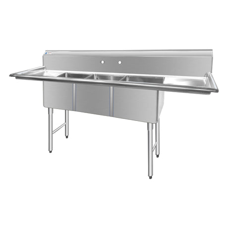 ChefAsst 91" CA-S3C182414-18LR-316 16-Gauge Stainless Steel Three Compartment Commercial Sink with Stainless Steel Legs, Cross Bracing, and Two 18" Drainboards - 18" x 24" x 14" Bowl