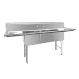 ChefAsst 91" CA-S3C181814-18LR-316 16-Gauge Stainless Steel Three Compartment Commercial Sink with Stainless Steel Legs, Cross Bracing, and Two 18" Drainboards - 18" x 18" x 14" Bowl