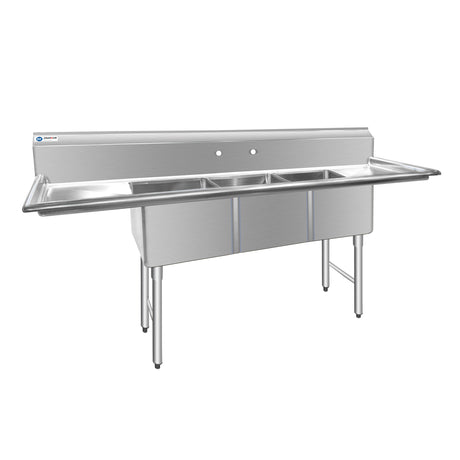 ChefAsst 91" CA-S3C181814-18LR-316 16-Gauge Stainless Steel Three Compartment Commercial Sink with Stainless Steel Legs, Cross Bracing, and Two 18" Drainboards - 18" x 18" x 14" Bowl