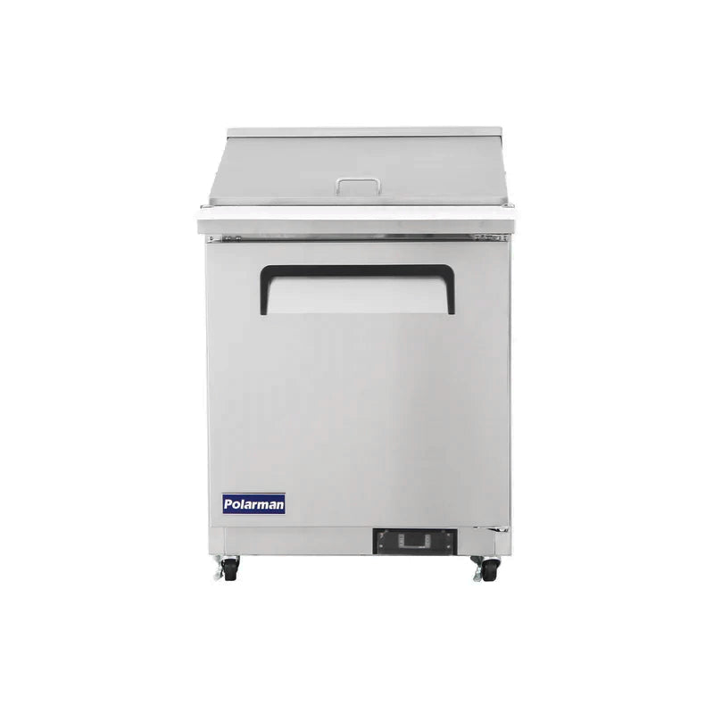 Polarman PLM-S29KS 28 15/16" Stainless Steel Mega Top Sandwich Prep Table with One Solid Full Door, (12) 1/6 Size Pans