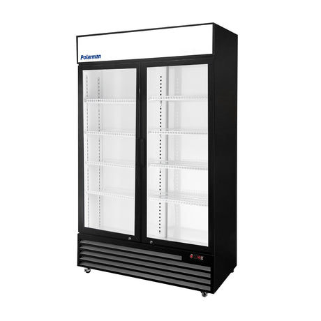 Polarman PLM-SGD44R 44 1/2" Black Refrigerated Double Swing Glass Door Merchandiser with LED Lighting, 31 cu.ft（SS-P1000WB-A）