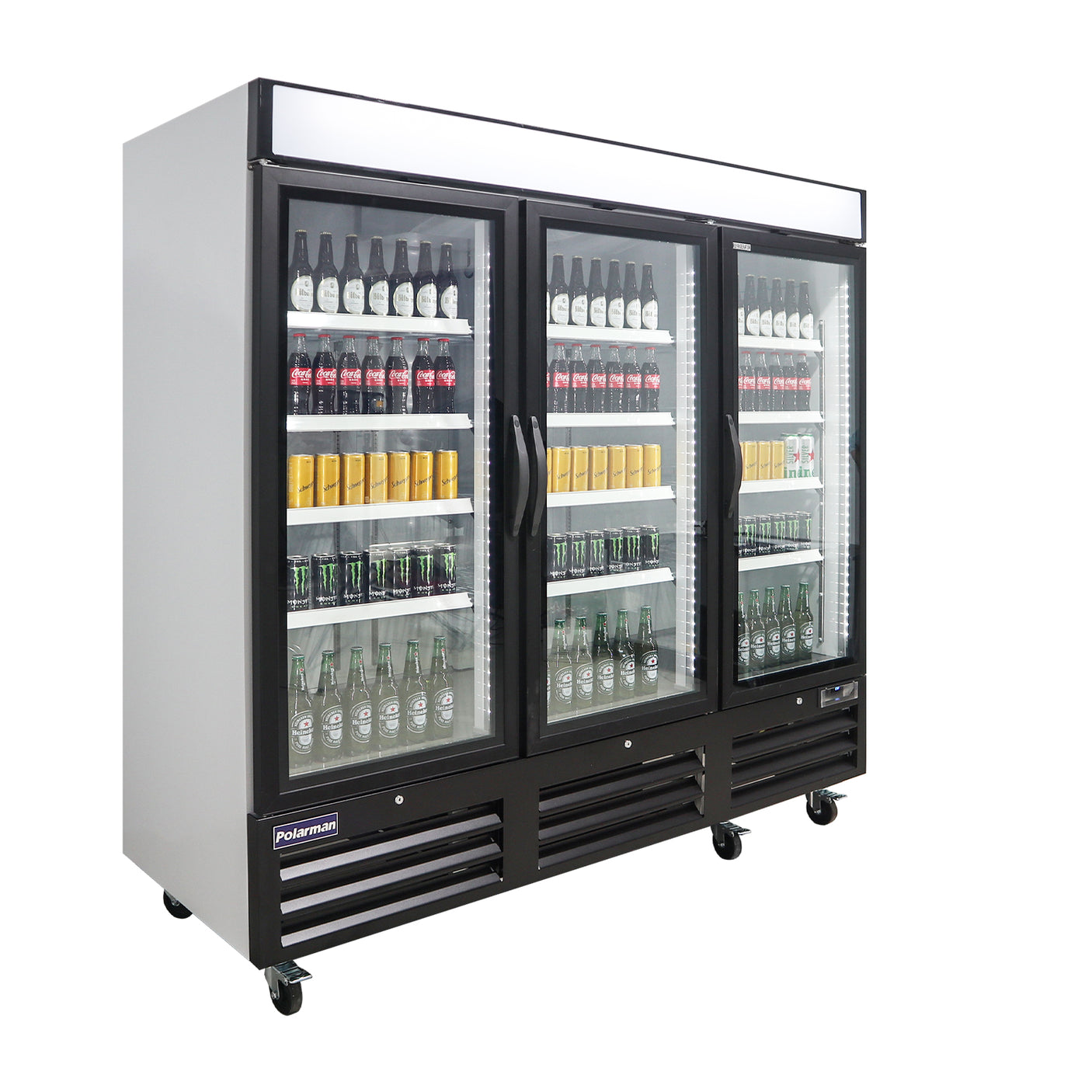 Polarman PLM-HGD72R 81" Black Refrigerated Triple Swing Glass Door Merchandiser with LED Lighting, 72 cu.ft