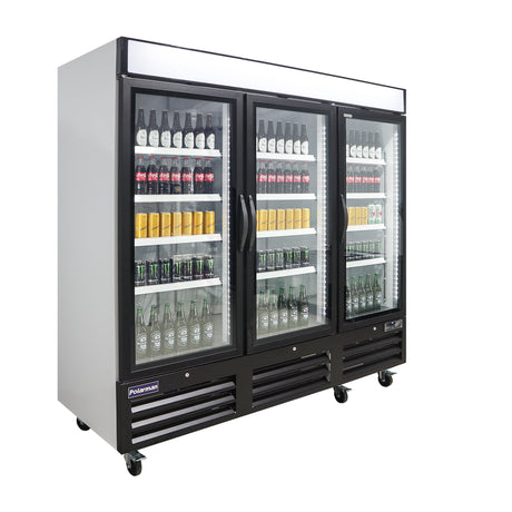 Polarman PLM-HGD72R 81" Black Refrigerated Triple Swing Glass Door Merchandiser with LED Lighting, 72 cu.ft