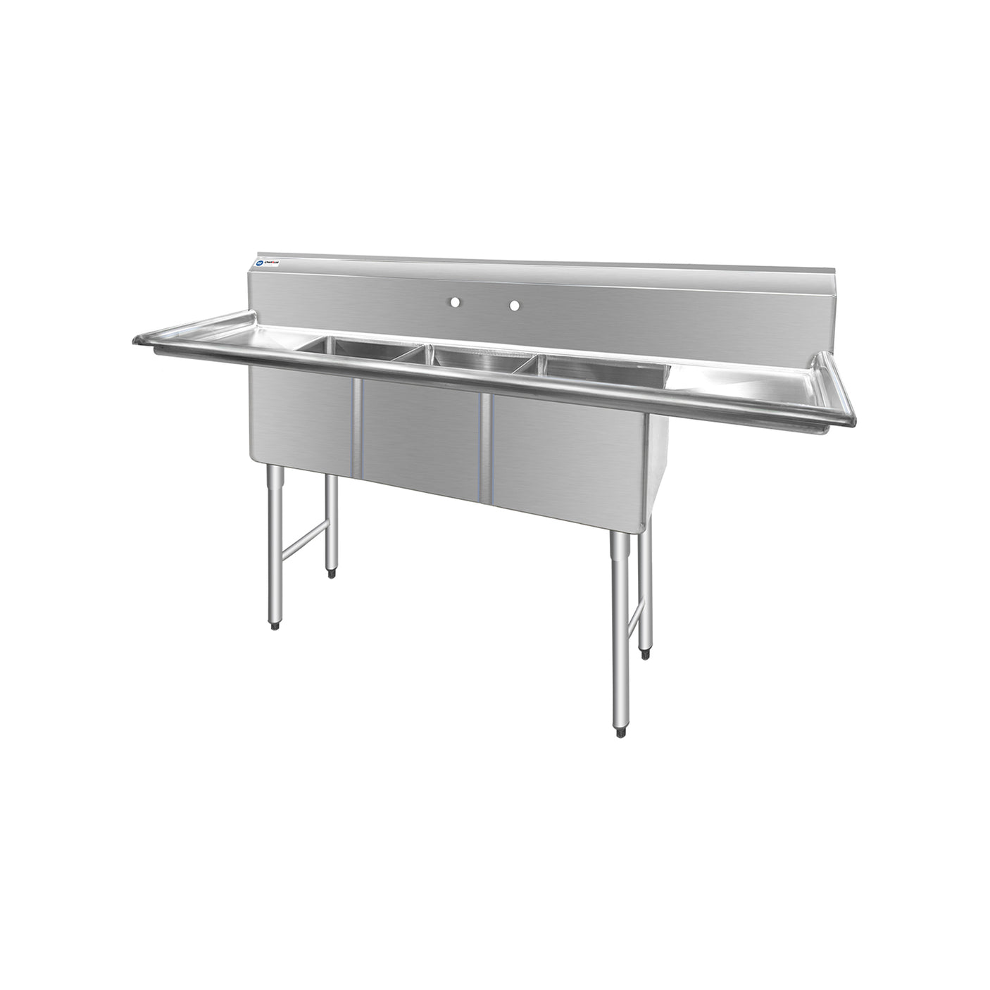 ChefAsst 54" CA-S3C101410-12LR-316 16-Gauge Stainless Steel Three Compartment Commercial Sink with Stainless Steel Legs, and Two 12" Drainboards - 10" x 14" x 10" Bowl