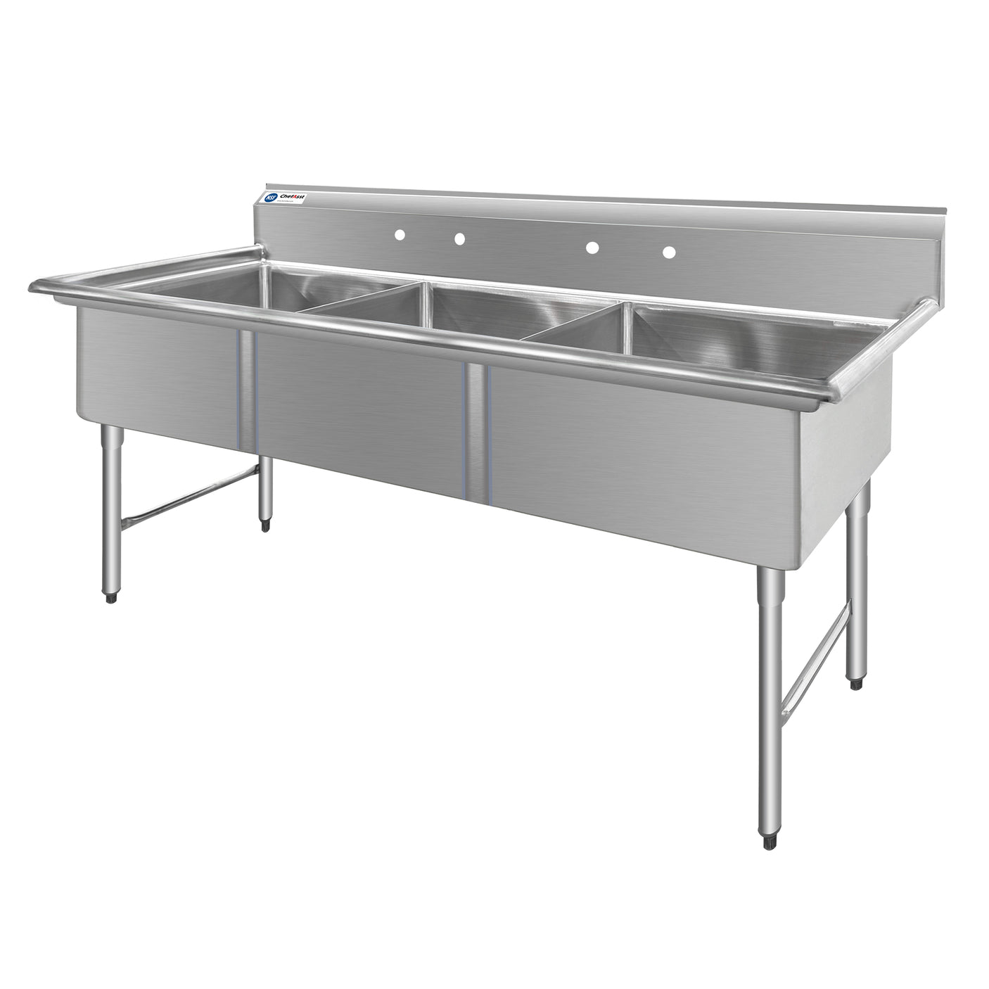 ChefAsst 78" CA-S3C242412-316 16-Gauge Stainless Steel Three Compartment Commercial Sink with Stainless Steel Legs, and without Drainboards - 24" x 24" x 12" Bowls