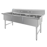 ChefAsst 78" CA-S3C242412-316 16-Gauge Stainless Steel Three Compartment Commercial Sink with Stainless Steel Legs, and without Drainboards - 24" x 24" x 12" Bowls