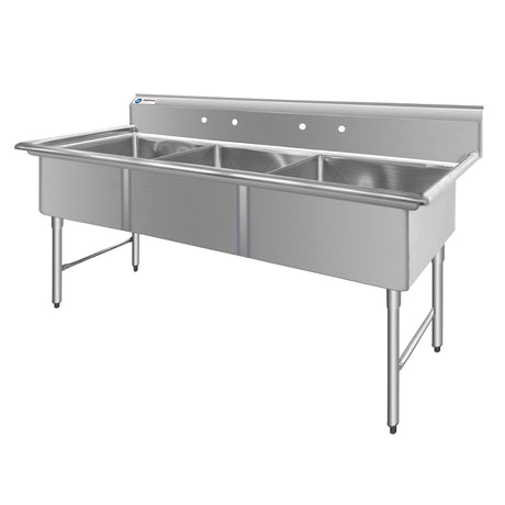 ChefAsst 78" CA-S3C242412-316 16-Gauge Stainless Steel Three Compartment Commercial Sink with Stainless Steel Legs, and without Drainboards - 24" x 24" x 12" Bowls