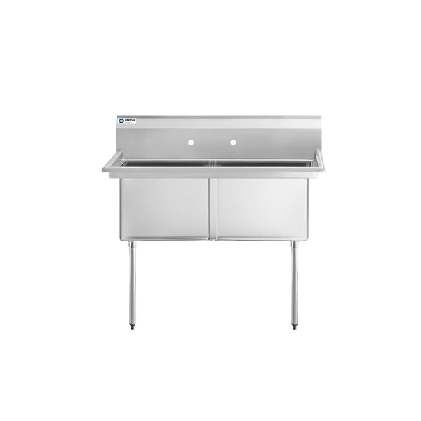 ChefAsst 42" 16-Gauge Stainless Steel Two Compartment Commercial Sink with Stainless Steel Legs, Cross Bracing, and without Drainboards - 18" x 18" x 12" Bowls