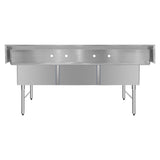 ChefAsst 78" CA-S3C242412-316 16-Gauge Stainless Steel Three Compartment Commercial Sink with Stainless Steel Legs, and without Drainboards - 24" x 24" x 12" Bowls