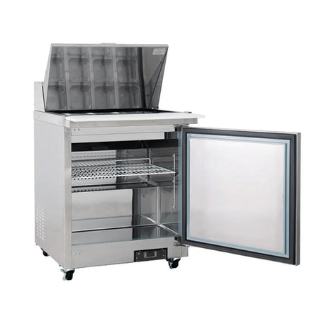Polarman PLM-S29KS 28 15/16" Stainless Steel Mega Top Sandwich Prep Table with One Solid Full Door, (12) 1/6 Size Pans