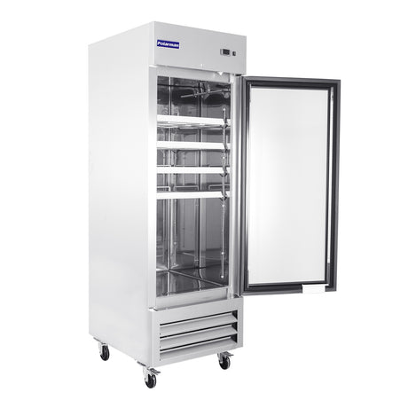 Polarman PLM-27RGS 26 3/4" Reach-In Refrigerator with Single Glass Door with LED Lighting, Bottom Mount, Stainless Steel, 23 cu. ft.