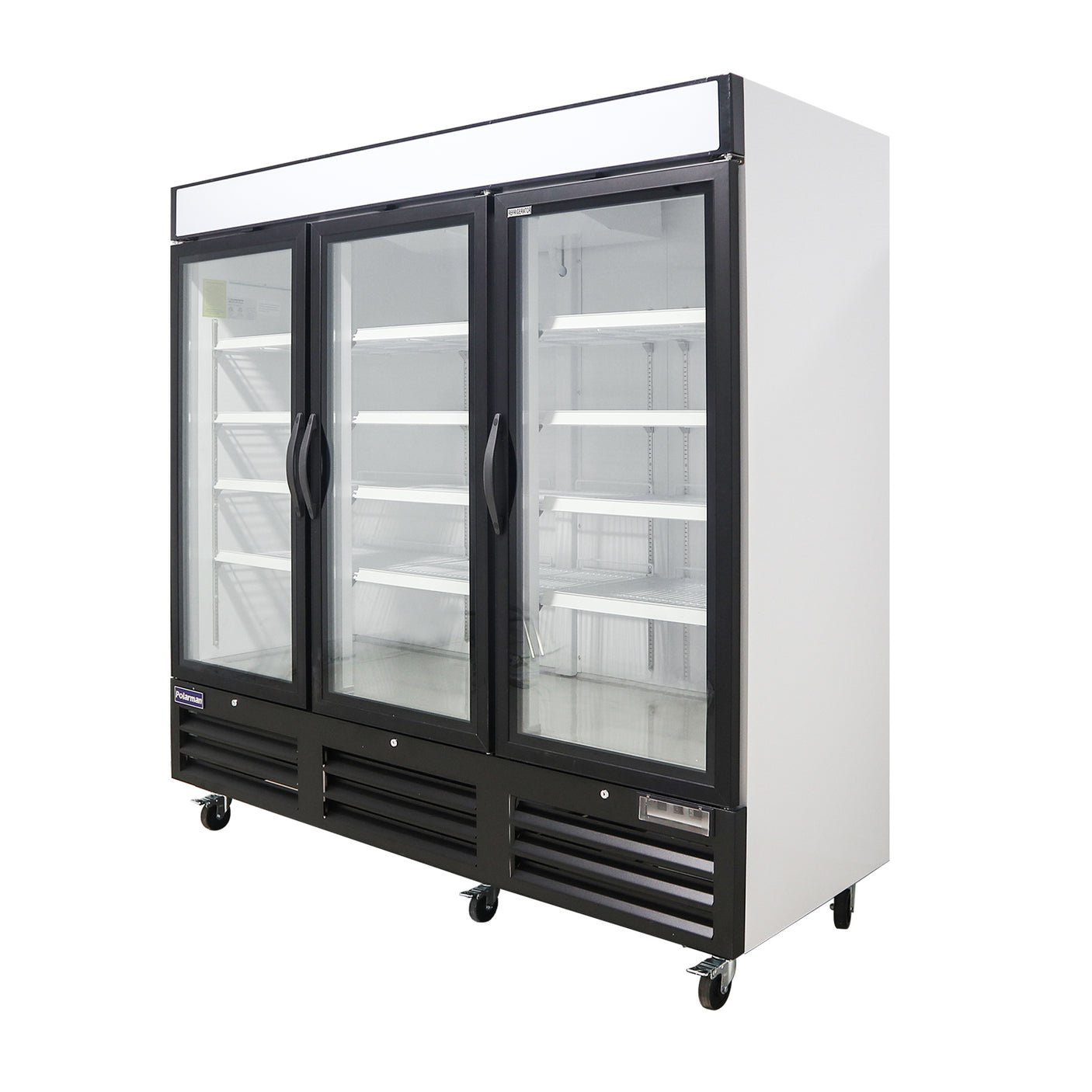 Polarman PLM-HGD72R 81" Black Refrigerated Triple Swing Glass Door Merchandiser with LED Lighting, 72 cu.ft