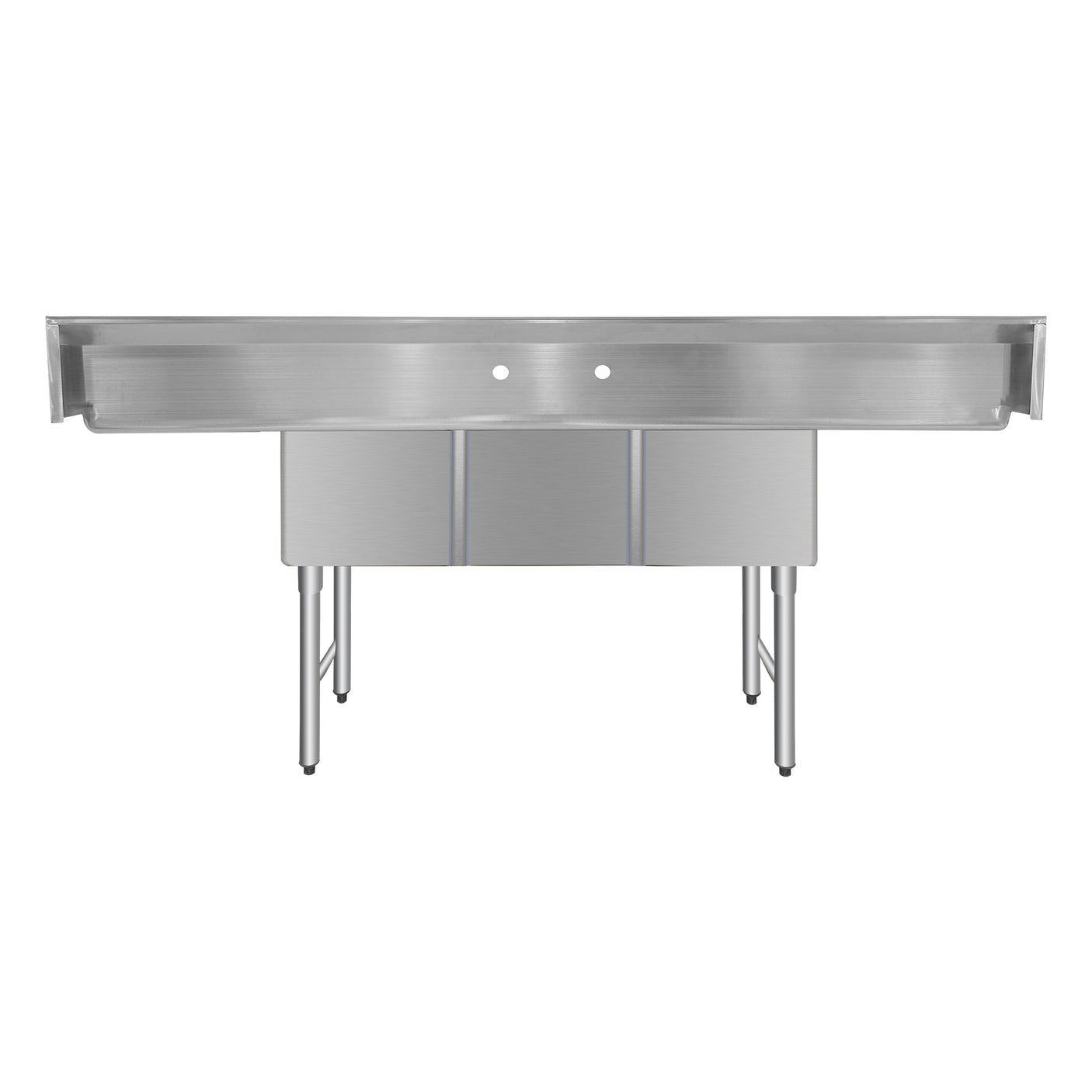 ChefAsst 103" CA-S3C182414-24LR-316 16-Gauge Stainless Steel Three Compartment Commercial Sink with Stainless Steel Legs, Cross Bracing, and Two 24" Drainboards - 18" x 24" x 14" Bowl