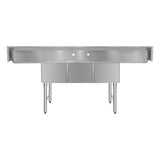 ChefAsst 103" CA-S3C182414-24LR-316 16-Gauge Stainless Steel Three Compartment Commercial Sink with Stainless Steel Legs, Cross Bracing, and Two 24" Drainboards - 18" x 24" x 14" Bowl