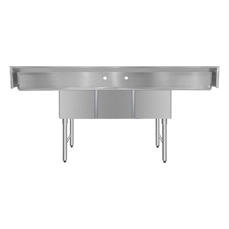 ChefAsst 103" CA-S3C182414-24LR-316 16-Gauge Stainless Steel Three Compartment Commercial Sink with Stainless Steel Legs, Cross Bracing, and Two 24" Drainboards - 18" x 24" x 14" Bowl