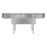 ChefAsst 91" CA-S3C181812-18LR-316 16-Gauge Stainless Steel Three Compartment Commercial Sink with Stainless Steel Legs, Cross Bracing, and Two 18" Drainboards - 18" x 18" x 12" Bowl