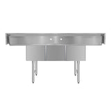 ChefAsst 91" CA-S3C181814-18LR-316 16-Gauge Stainless Steel Three Compartment Commercial Sink with Stainless Steel Legs, Cross Bracing, and Two 18" Drainboards - 18" x 18" x 14" Bowl