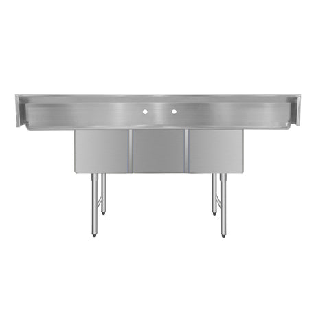 ChefAsst 91" CA-S3C181814-18LR-316 16-Gauge Stainless Steel Three Compartment Commercial Sink with Stainless Steel Legs, Cross Bracing, and Two 18" Drainboards - 18" x 18" x 14" Bowl