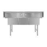 ChefAsst 61" CA-S3C181812-316 16-Gauge Stainless Steel Three Compartment Commercial Sink with Stainless Steel Legs, Cross Bracing, and without Drainboards - 18" x 18" x 12" Bowls