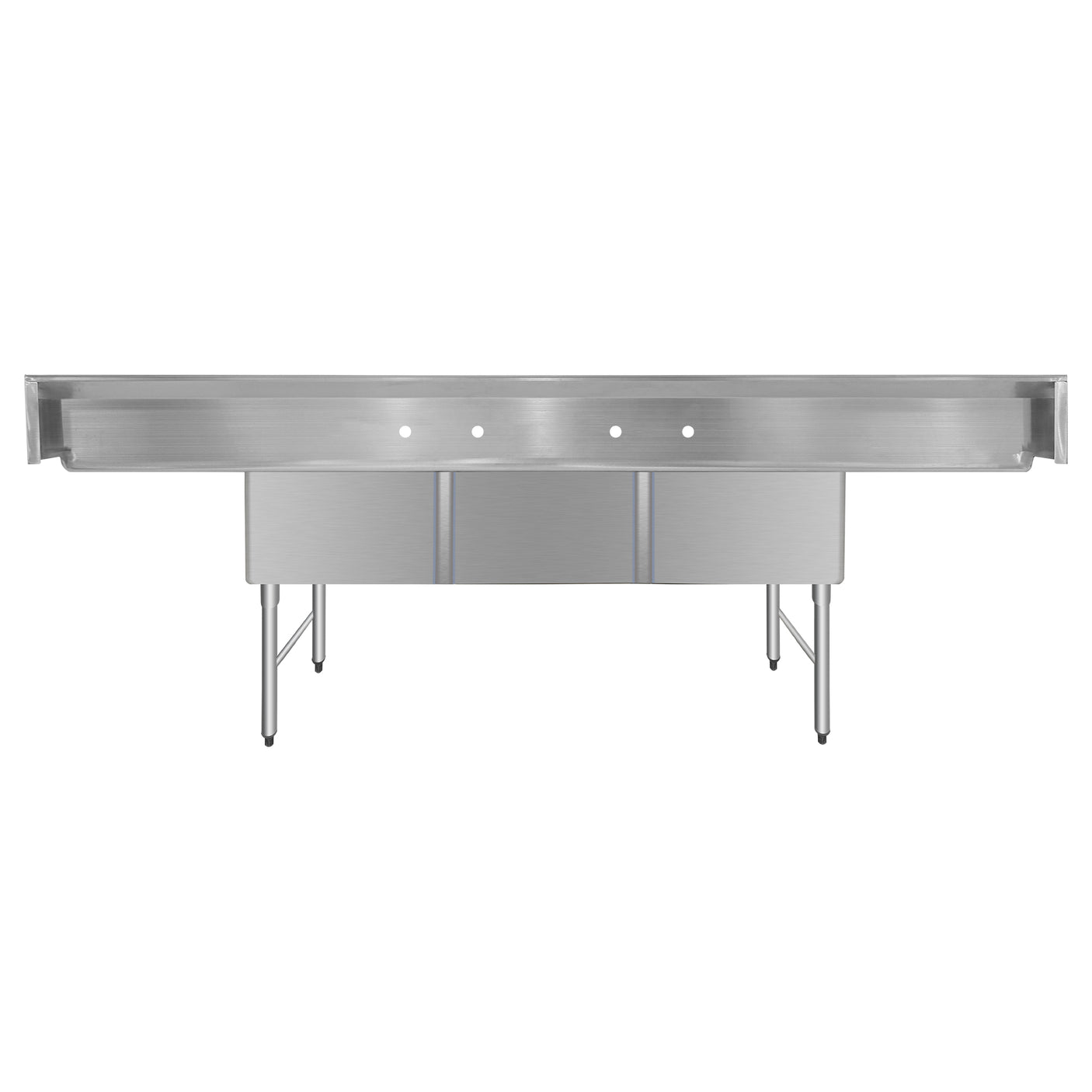 ChefAsst 121" CA-S3C242414-24LR-316 16-Gauge Stainless Steel Three Compartment Commercial Sink with Stainless Steel Legs, and Two 24" Drainboards - 24" x 24" x 14" Bowl