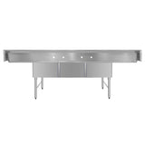 ChefAsst 121" CA-S3C242414-24LR-316 16-Gauge Stainless Steel Three Compartment Commercial Sink with Stainless Steel Legs, and Two 24" Drainboards - 24" x 24" x 14" Bowl