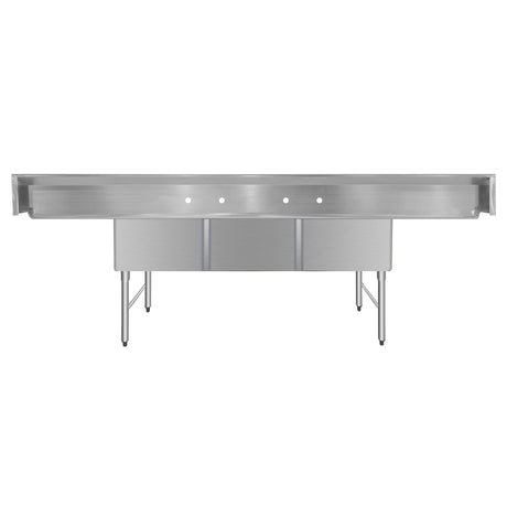 ChefAsst 121" CA-S3C242414-24LR-316 16-Gauge Stainless Steel Three Compartment Commercial Sink with Stainless Steel Legs, and Two 24" Drainboards - 24" x 24" x 14" Bowl