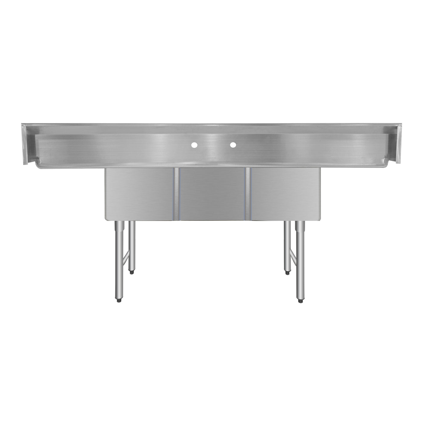 ChefAsst 91" CA-S3C182414-18LR-316 16-Gauge Stainless Steel Three Compartment Commercial Sink with Stainless Steel Legs, Cross Bracing, and Two 18" Drainboards - 18" x 24" x 14" Bowl