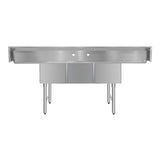 ChefAsst 91" CA-S3C182414-18LR-316 16-Gauge Stainless Steel Three Compartment Commercial Sink with Stainless Steel Legs, Cross Bracing, and Two 18" Drainboards - 18" x 24" x 14" Bowl