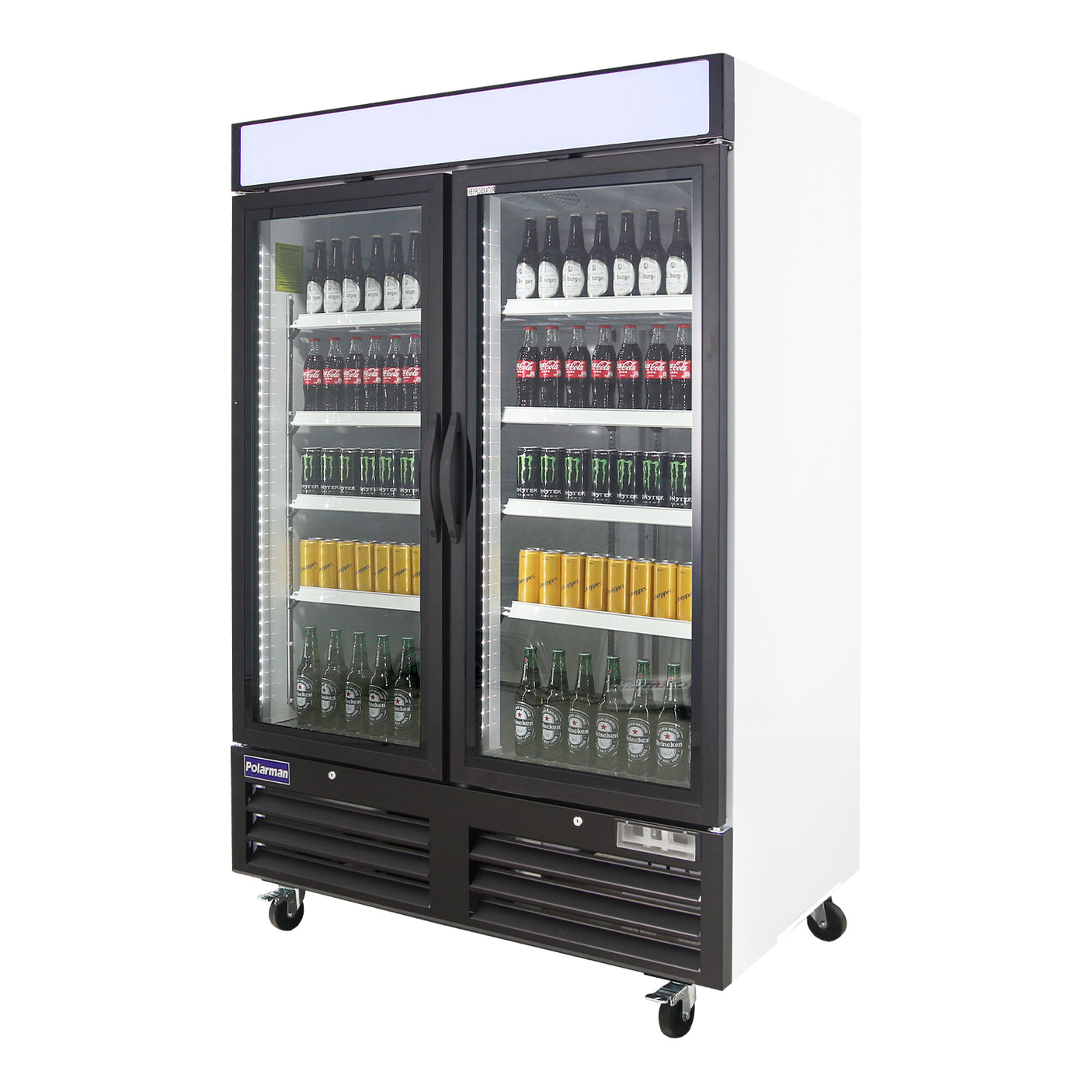 Polarman PLM-HGD48R 53 15/16" Black Refrigerated Double Swing Glass Door Merchandiser with LED Lighting, 48 cu.ft