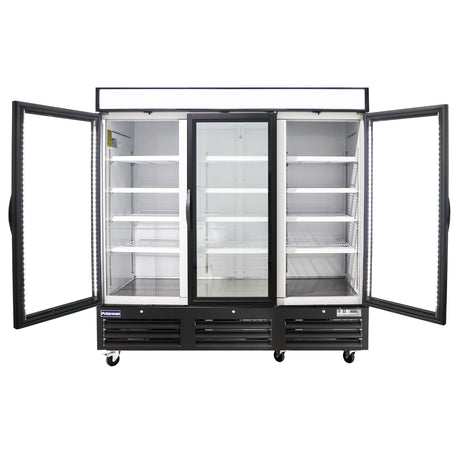 Polarman PLM-HGD72R 81" Black Refrigerated Triple Swing Glass Door Merchandiser with LED Lighting, 72 cu.ft